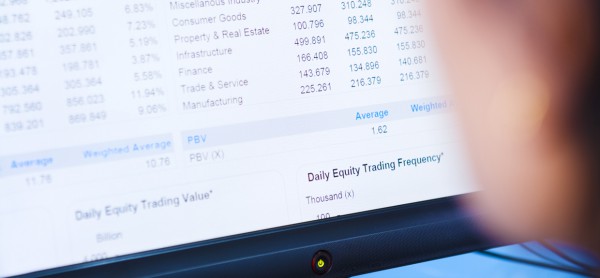 A broker is examining the stock value dropping along the timeline as the economic contraction begin.